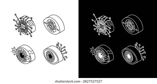 A set of isometric line art illustrations depicts futuristic bionic eyes and AI-integrated eyeballs featuring circuit board patterns and microchips, presented in both light and dark mode for technological and artificial intelligence concept  