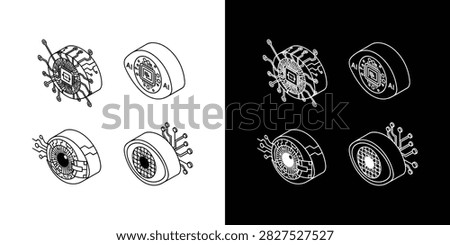 A set of isometric line art illustrations depicts futuristic bionic eyes and AI-integrated eyeballs featuring circuit board patterns and microchips, presented in both light and dark mode for technological and artificial intelligence concept  