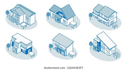 Set of isometric line art residential house, Six types variation