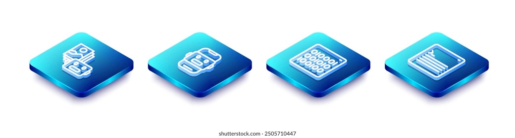 Set Isometric line Artificial intelligence robot, Chat, Binary code and Web developer programming icon. Vector