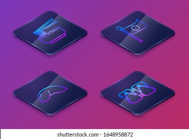 Set Isometric line Asian noodles in bowl and chopsticks, Chinese fortune cookie, National flag of Japan on pole and Geta traditional Japanese shoes. Blue square button. Vector