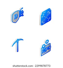 Set Isometric line ASIC Miner, Shield with bitcoin, Pickaxe and Proof of stake icon. Vector