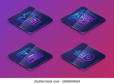 Set Isometric line Assembly line, 3D printer, Global technology or social network and Mechanical robot hand. Blue square button. Vector