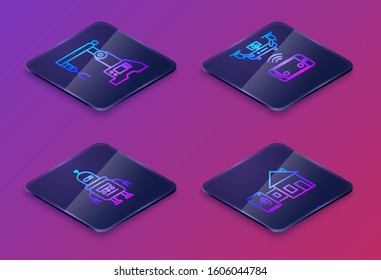 Set Isometric line Assembly line, Robot, Remote aerial drone and Smart home. Blue square button. Vector
