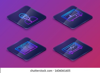 Set Isometric line Assistant, Open book, Electrical measuring instruments and Computer monitor with cardiogram. Blue square button. Vector