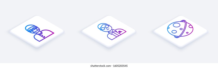 Set Isometric line Assistant, Scientist and Planet. White square button. Vector