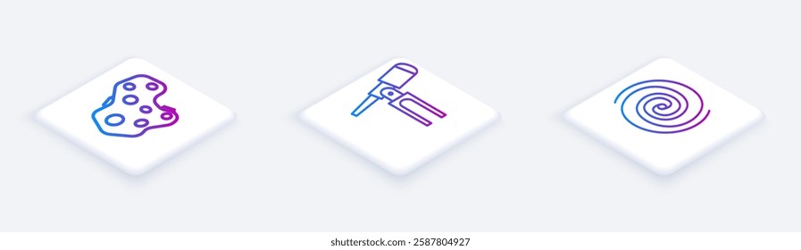 Set Isometric line Asteroid, Telescope and Black hole. White square button. Vector