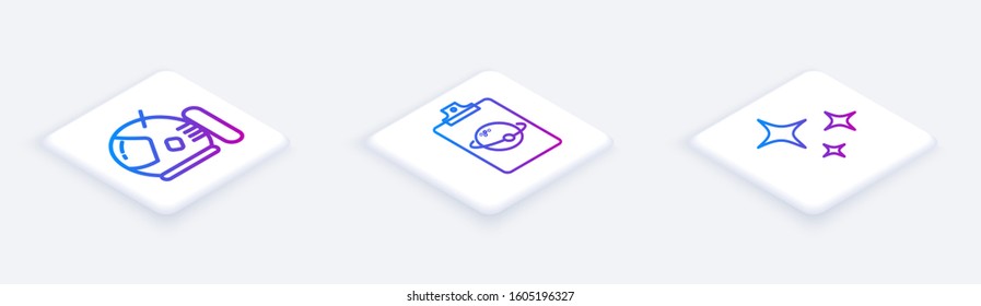 Set Isometric line Astronaut helmet, Planet and Falling star. White square button. Vector