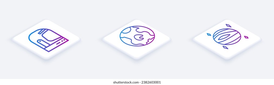 Set Isometric line Astronaut helmet, Earth globe and Planet Venus. White square button. Vector