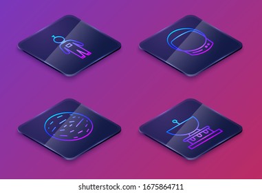 Establecer línea isométrica Astronauta, Planeta Marte, casco astronauta y planeta Saturno. Botón cuadrado azul. Vector