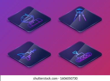 Set Isometric line Astronaut, Ray gun, Satellite and Mars rover. Blue square button. Vector