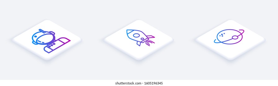 Set Isometric line Astronaut, Rocket ship with fire and Planet. White square button. Vector