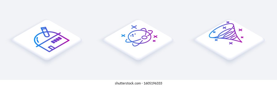Set Isometric line Astronomical observatory, Planet and Black hole. White square button. Vector