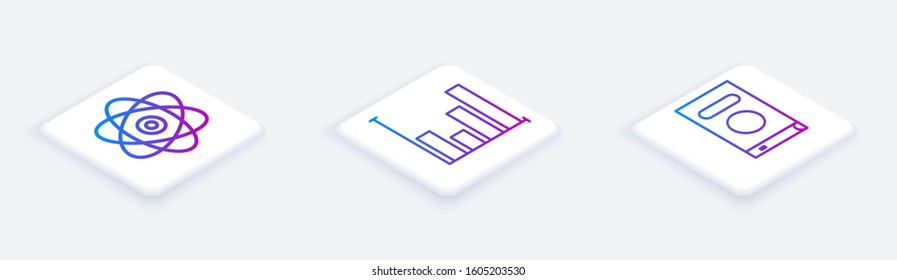 Set Isometric line Atom, Pie chart infographic and Book. White square button. Vector