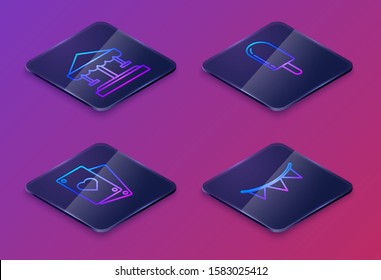 Set Isometric line Attraction carousel, Playing card, Ice cream and Carnival garland with flags. Blue square button. Vector