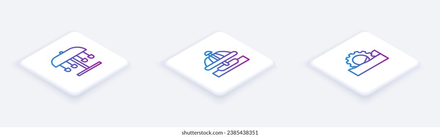 Sitúe el carrusel de la línea isométrica y la rueda de la fortuna. Botón cuadrado blanco. Vector