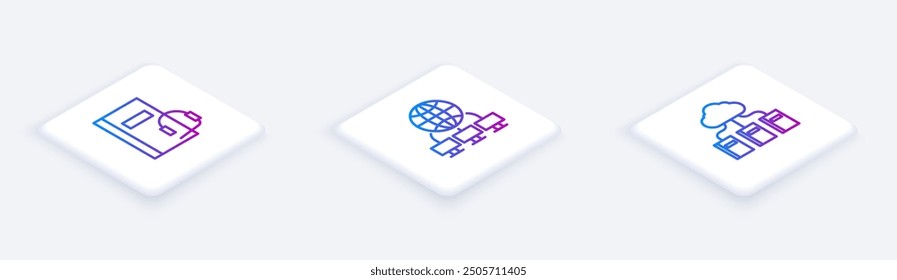 Establecer libro de audio de línea isométrica, red de computadoras y Biblioteca en línea en la nube. Botón cuadrado blanco. Vector
