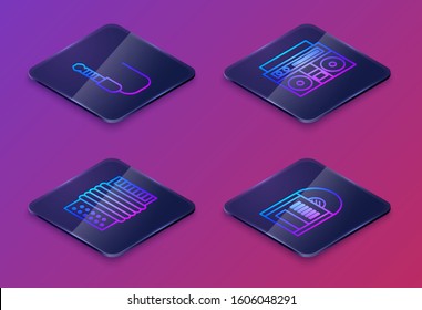 Set Isometric line Audio jack, Musical instrument accordion, Home stereo with two speakers and Vinyl disk. Blue square button. Vector