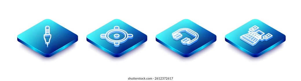Set Isometric line Audio jack, Stereo speaker, Headphones and Music recording studio icon. Vector