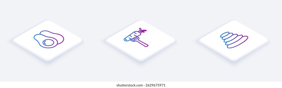Set Isometric line Avocado fruit, Carrot on fork and Stack hot stones. White square button. Vector