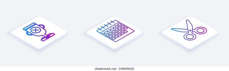 Set Isometric line Award cup, Calendar and Scissors. White square button. Vector