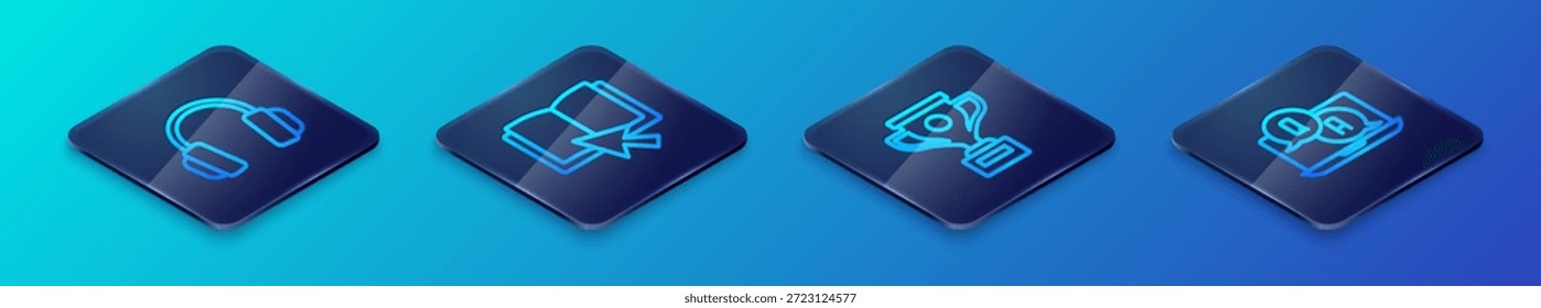 Definir Isometric line Award copo, fones de ouvido, Pergunta e resposta e ícone do livro on-line. Vetor
