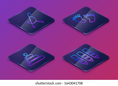 Set Isometric line Baby stroller, Pyramid toy, Baby footprints and Wax crayons for drawing. Blue square button. Vector