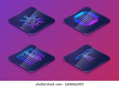Set Isometric line Bacteria, Notebook, Processor and Telescope. Blue square button. Vector