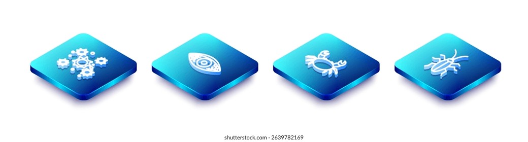 Set Isometric line Bacteria, Reddish eye allergic conjunctivitis, Crab and Cockroach icon. Vector