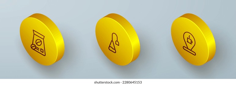 Set Isometric line Bag of coffee beans, Tea bag and Location with cup icon. Vector