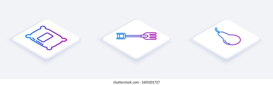 Set Isometric line Bag of flour, Garden rake and Pear. White square button. Vector