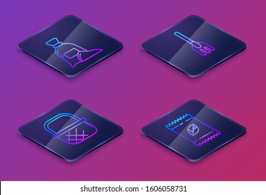 Set Isometric line Bag of flour, Shopping basket, Garden rake and A pack full of seeds of a specific plant. Blue square button. Vector