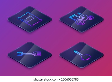 Set Isometric line Bag of flour, Garden rake, Tractor and Onion. Blue square button. Vector