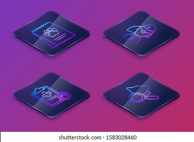 Set Isometric line Bag of food for dog, Clipboard with medical clinical record pet, Fish and Veterinary clinic symbol. Blue square button. Vector