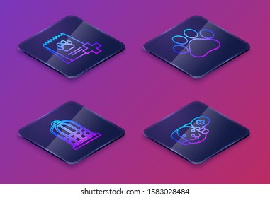 Set Isometric line Bag of food for dog, Cage for birds, Paw print and Veterinary clinic symbol. Blue square button. Vector