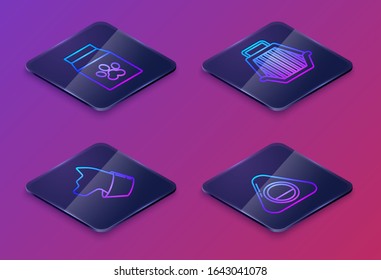 Set Isometric line Bag of food for pet, Cat, Pet carry case and Pet bed. Blue square button. Vector