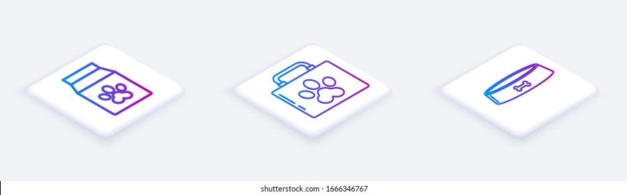 Set Isometric line Bag of food for pet, Pet first aid kit and Pet food bowl. White square button. Vector