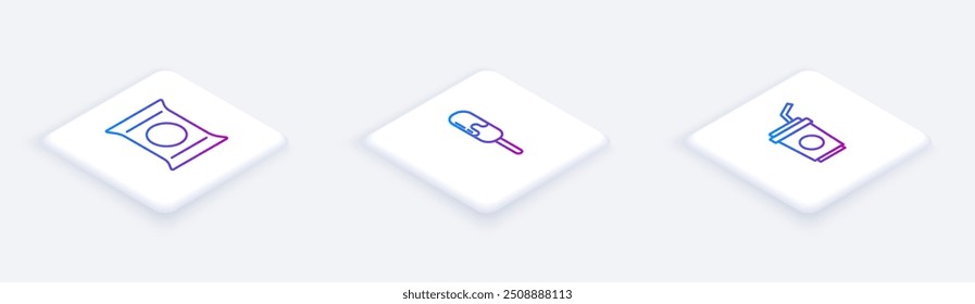 Set Isometric line Bag or packet potato chips, Ice cream and Paper glass with straw. White square button. Vector