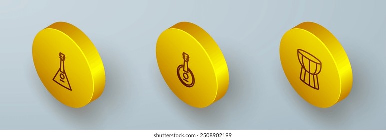 Set Isometric line Balalaika, Banjo and African darbuka drum icon. Vector