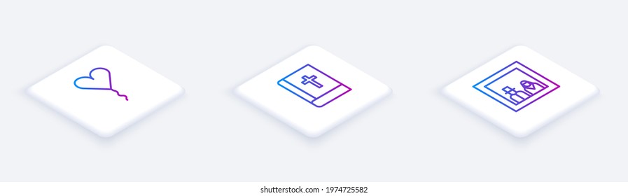 Set Isometric line Balloon in form of heart, Holy bible book and Family photo. White square button. Vector