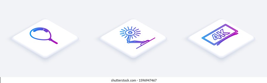Set Isometric line Balloon with ribbon , Table lamp  and Screen tv with 4k Ultra HD video technology . White square button. Vector