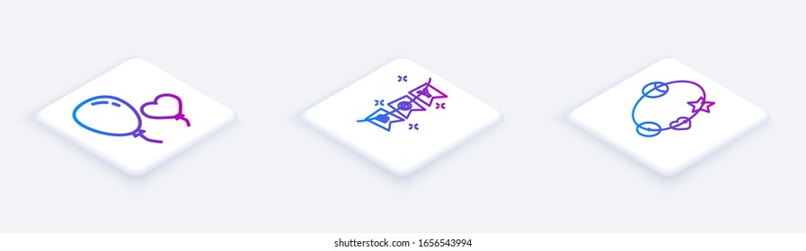 Establecer la línea isométrica de los globos en forma de corazón, la guirnalda del Carnaval con banderas y juguete de bebé de Rattle. Botón cuadrado blanco. Vector