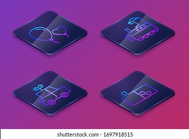Establecer la línea isométrica globos en forma de corazón, camión de juguetes, tren de juguetes y pieza de rompecabezas. Botón cuadrado azul. Vector