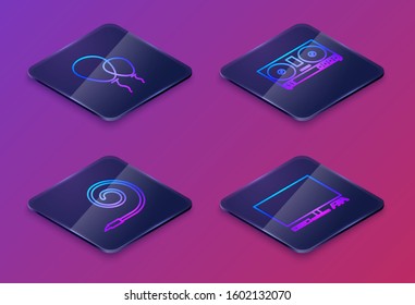 Set Isometric line Balloons with ribbon , Birthday party horn , DJ remote for playing and mixing music  and Video game console . Blue square button. Vector