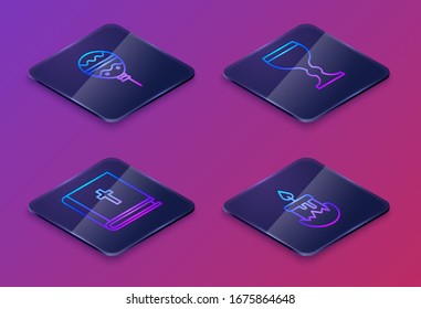 Set Isometric line Balloons with ribbon, Holy bible book, Wine glass and Burning candle. Blue square button. Vector