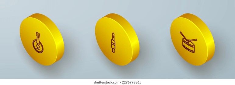Set Isometric line Banjo, Audio jack and Drum with drum sticks icon. Vector