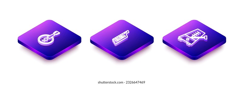 Set Isometric line Banjo, Keytar and Metronome with pendulum icon. Vector