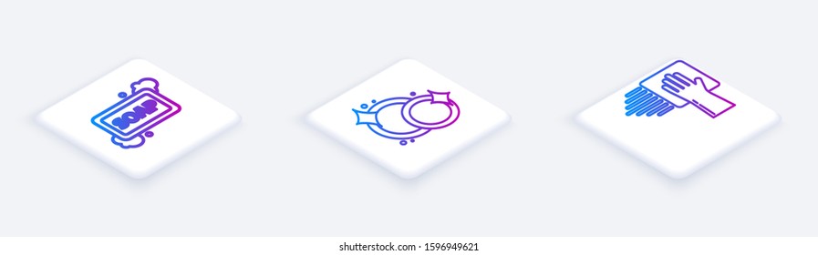 Set Isometric line Bar of soap with foam , Washing dishes  and Cleaning service . White square button. Vector