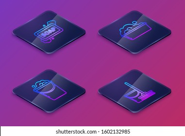 Set Isometric line Bar of soap with foam , Bucket with foam and bubbles , Plastic basin with soap suds  and Mop and bucket . Blue square button. Vector