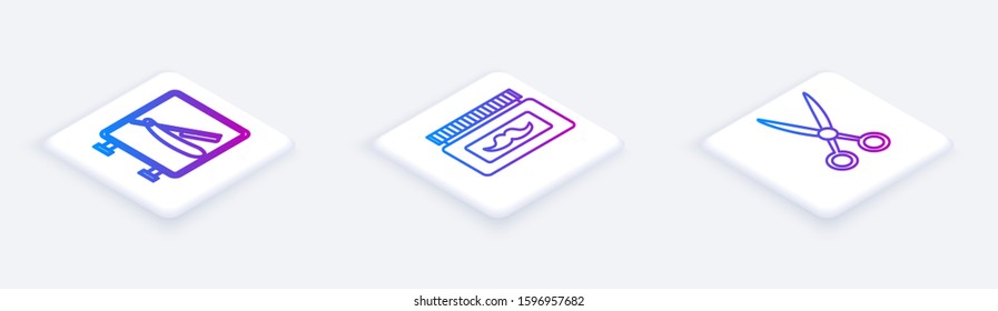 Set Isometric line Barbershop with razor, Cream or lotion cosmetic jar and Scissors hairdresser. White square button. Vector